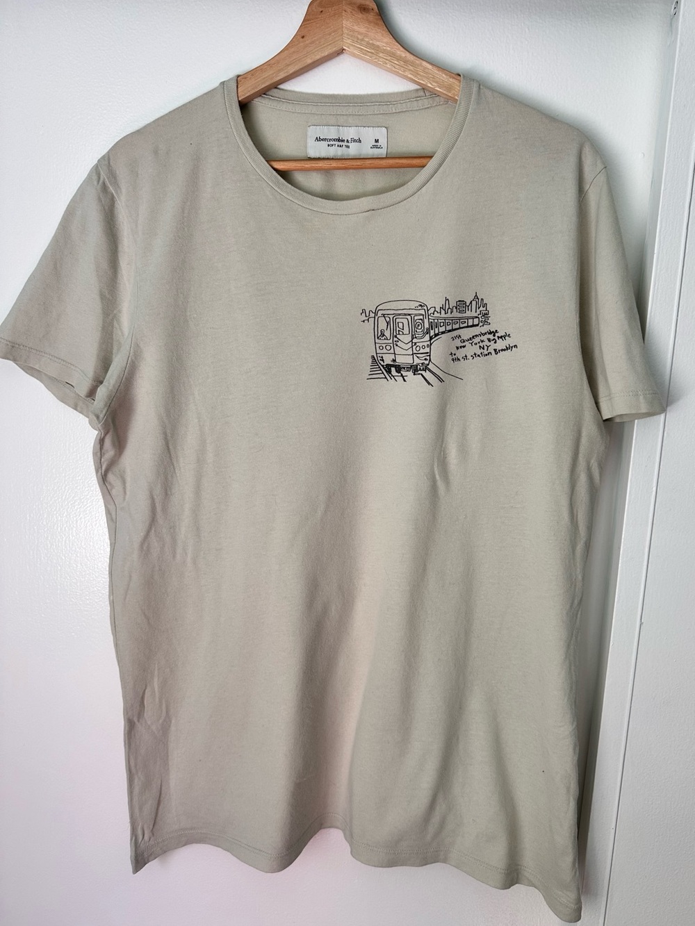 Abercrombie & Fitch Men’s Light Olive Graphic Tee with Train Sketch